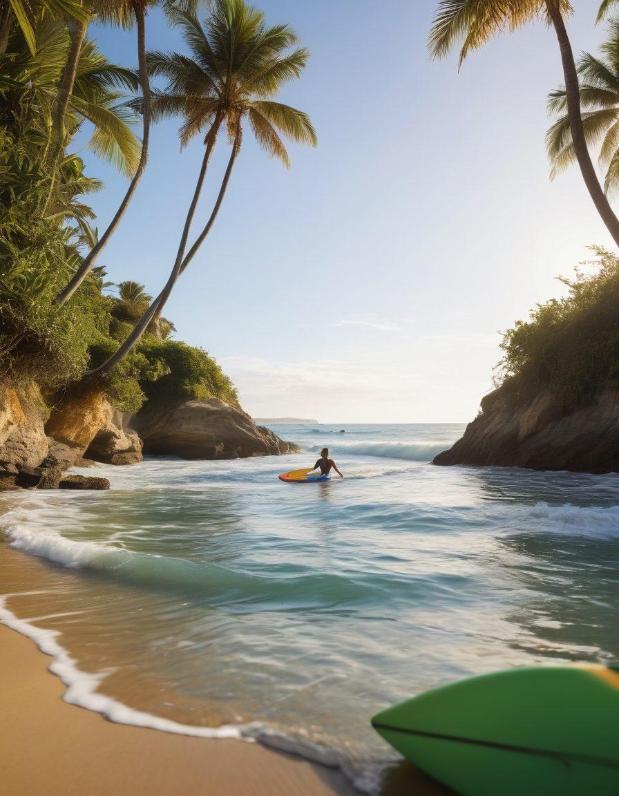 A vibrant beach scene featuring diverse individuals wearing stylish sustainable swimwear as they engage in various water activities like swimming, surfing, and beach volleyball. Surround them with lush greenery and eco-friendly accessories such as biodegradable surfboards and reusable water bottles. The atmosphere conveys energy and motion, highlighting an active lifestyle while emphasizing sustainability. bright colors. super-realistic. dynamic composition.